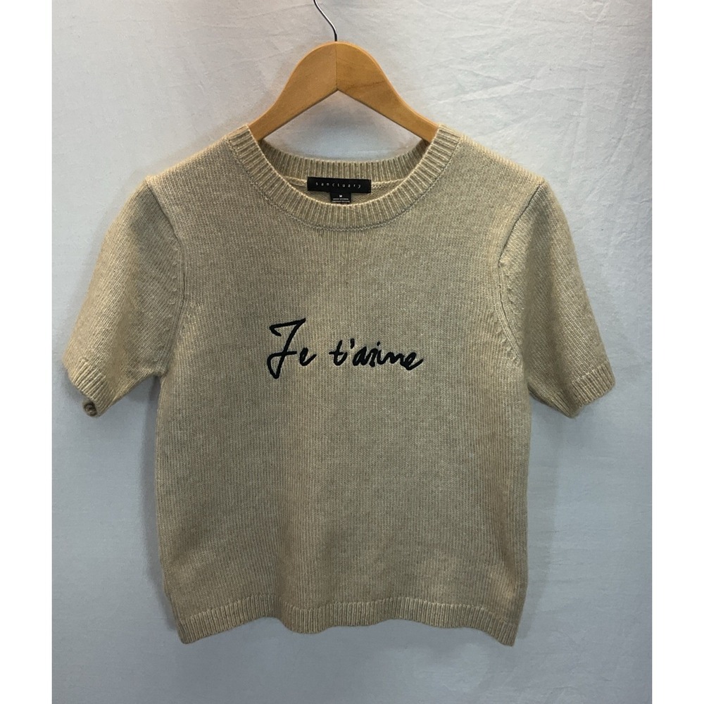 Sanctuary Beige "Je T'Aime" Spell Out Soft Short Sleeve Casual Fun Soft Sz‎ M